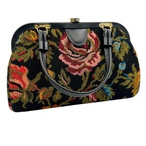 Vintage Jaclyn USA Floral Tapestry Top Handle‎ Handbag Structured Needlepoint